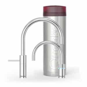 Quooker Nordic Twintap Round Chroom met PRO3, kraan en reservoir samen op wit