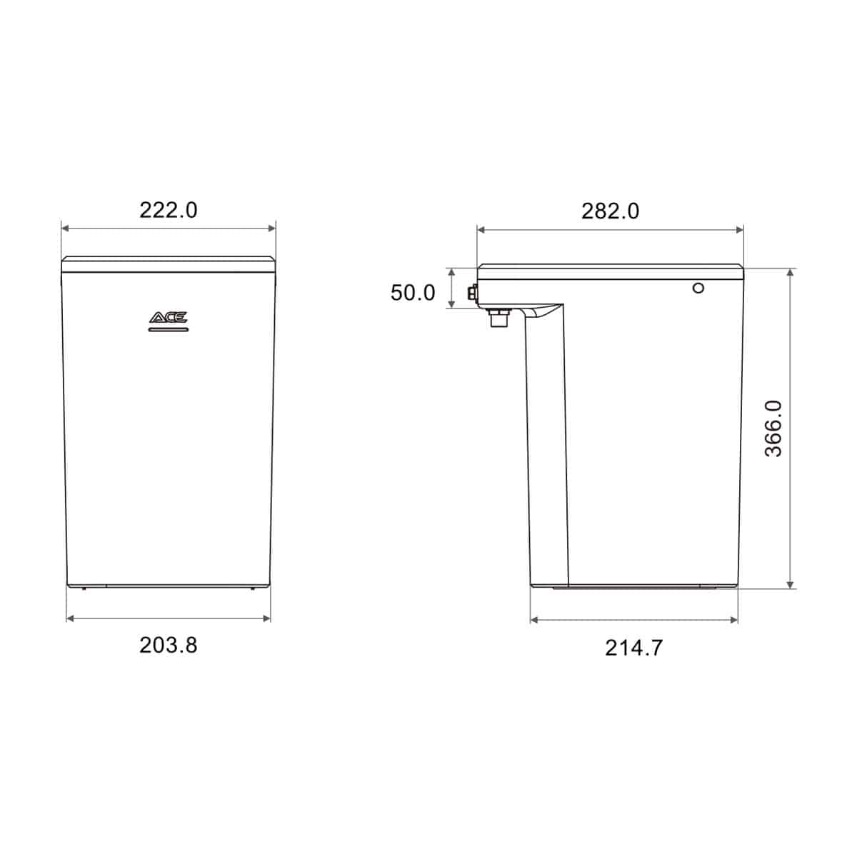 Unito Classic Rond RVS look met ACE 5 Unito Classic Rond RVS look met ACE, maattekening van het reservoir: hoogte 366, breedte 222 en diepte 282 millimeter