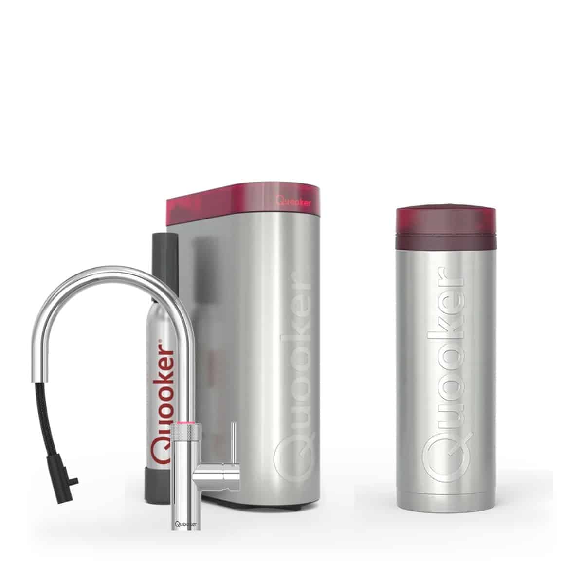 Quooker Flex Round Chroom met PRO3 en een CUBE, kraan en reservoir samen op wit