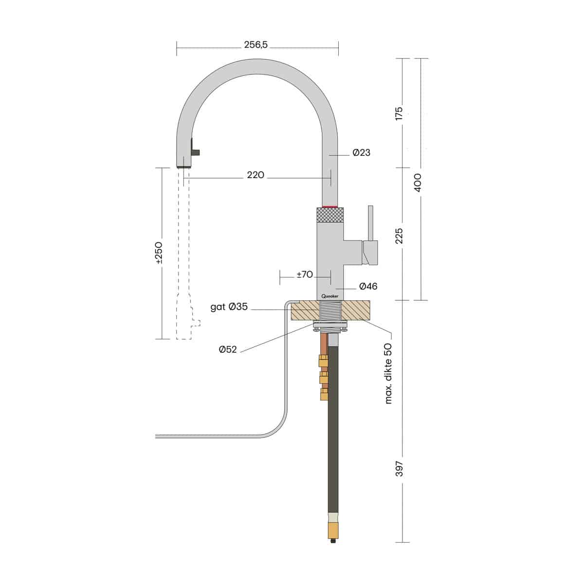 Quooker Flex Round RVS met Combi+ en een CUBE 5 Quooker Flex Round RVS met Combi+ en een CUBE, maattekening van de kraan: hoogte 400, uitloop 220 en kraangat 35 millimeter
