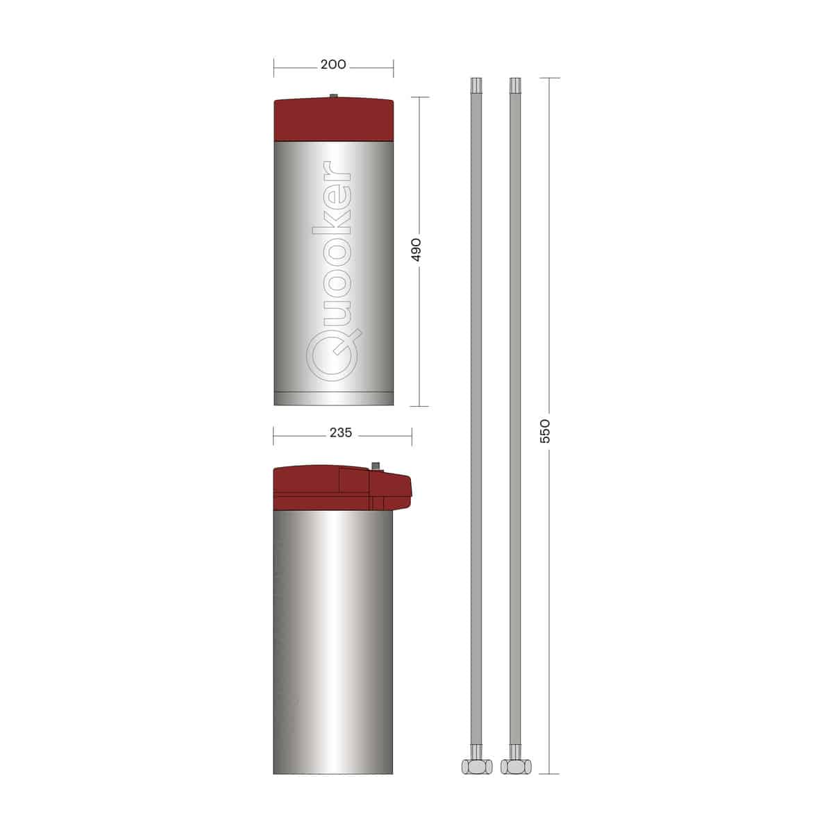 Quooker Fusion Square Zwart met Combi+ en een CUBE 6 Quooker Fusion Square Zwart met Combi+ en een CUBE, maattekening van het reservoir: hoogte 490 en doorsnee 200 millimeter