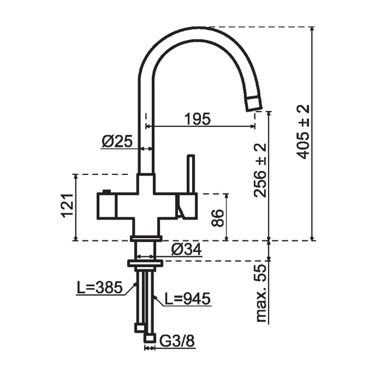 Selsiuz Push & Turn 3-in-1 XL Copper met Classic boiler single 4 Selsiuz Push & Turn 3-in-1 XL Copper met Classic boiler single, maattekening van de kraan: hoogte 605 en kraangat 35 millimeter