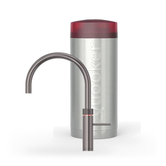 Quooker Fusion Round Gunmetal met Combi+, kraan en reservoir samen op wit