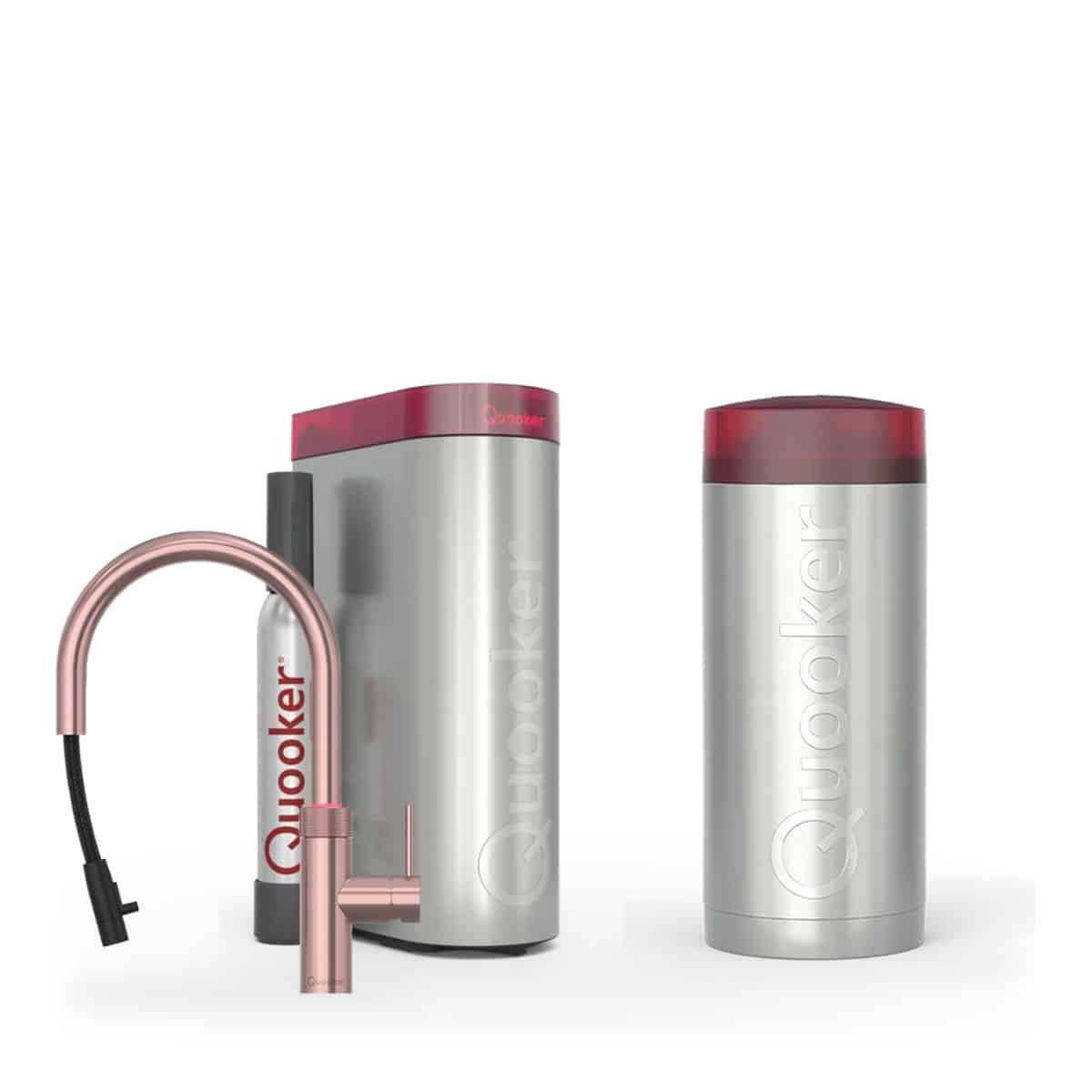 Quooker Flex Round Rosé Koper met Combi+ en een CUBE, kraan en reservoir samen op wit