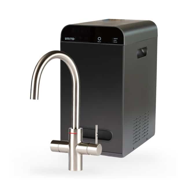 Unito Cosmos Rond RVS look met LAVA XL 8 liter, kraan en reservoir samen op wit