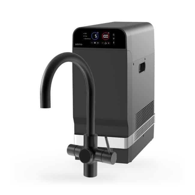 Unito Orbit Rond Zwart met Infinity Juice-Bar, kraan en reservoir samen op wit