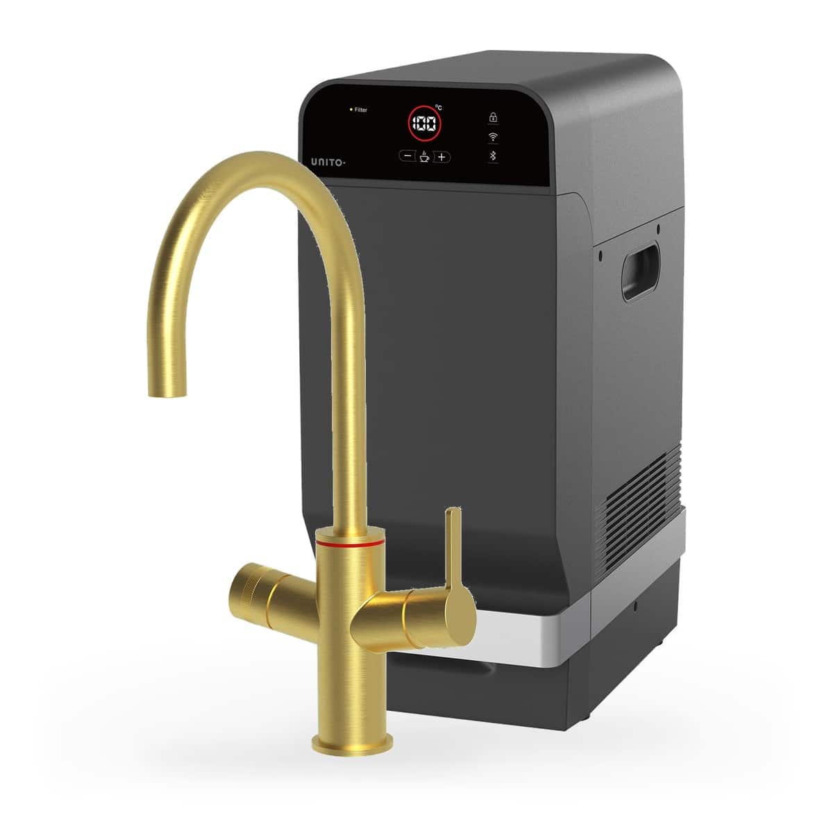 Unito Universe Rond Goud met LAVA 4.4 liter, kraan en reservoir samen op wit