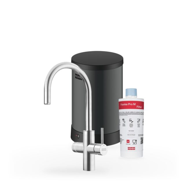 Franke Maris Touch 3-in-1 Rond RVS met Maris 4 liter, kraan, reservoir en filter samen op wit