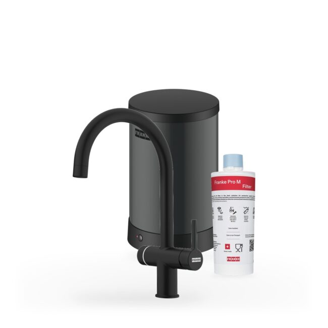 Franke Maris Touch 3-in-1 Rond Zwart met Maris 4 liter, kraan, reservoir en filter samen op wit