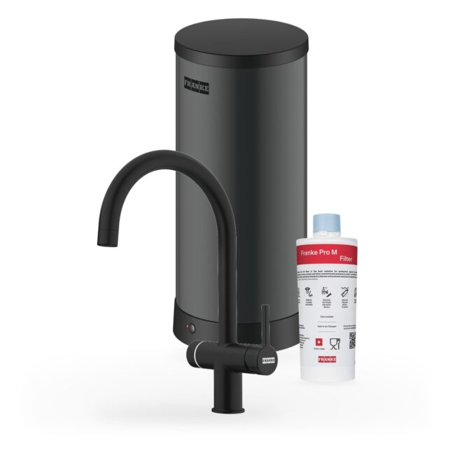 Franke Maris Touch 3-in-1 Rond Zwart met Maris 7 liter, kraan, reservoir en filter samen op wit
