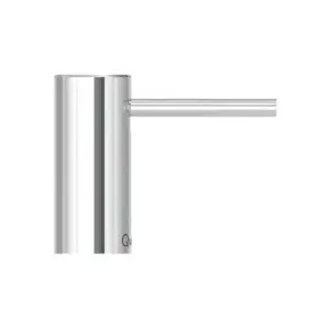 Winkelmand 3 De Quooker Zeeppomp Nordic Chroom is een minimalistische, cilindervormige kraan met een naar rechts gerichte horizontale hendel, afgebeeld tegen een witte achtergrond.