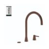 Een Selsiuz Titanium Osiris Cone Counter Copper eenarmige keukenkraan in roségoud, met een gebogen uitloop, eenhendel en ronde accessoire. Weergegeven op wit met een klein Selsiuz-label in de hoek.