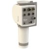 Een wit en grijs medisch apparaat met de tekst "Floww Premium3 Twist Square RVS met Combi-L boiler," met meerdere poorten, knoppen en aansluitingen op het voorpaneel en een cilindrische basis.