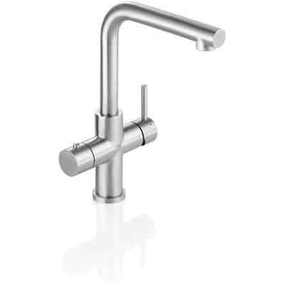 Floww Premium3 Twist Vierkant RVS met Combi-L boiler 2 De Floww Premium3 Twist Square RVS met Combi-L boiler is een moderne roestvrijstalen keukenkraan met een hoge gebogen uitloop en een enkele hendel aan de zijkant voor eenvoudige regeling van de watertoevoer en temperatuur.