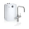 Een compacte Floww Perfect3 Touch Square Chroom met Combi-XL boiler in wit zit naast een moderne roestvrijstalen keukenkraan met één hendel.