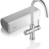 Een moderne zilverkleurige Floww Premium3 Twist Round RVS keukenkraan met een gebogen uitloop staat naast een rechthoekige witte unit met het label Floww, compleet met Combi-L boiler.