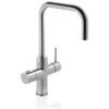 De Floww Premium3 Twist Square Chroom is een stijlvolle roestvrijstalen keukenkraan met een hoge gebogen uitloop, een hendel aan de zijkant voor eenvoudige water- en temperatuurregeling en is compatibel met Combi-L boilers.