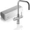 Een moderne roestvrijstalen keukenkraan met een hoge, gebogen uitloop staat voor de Floww Premium3 Twist Square Chroom met Combi-L boiler, een stijlvolle waterfilter die perfect bij je keukeninrichting past.
