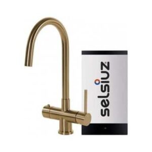 De Selsiuz 3-in-1 kokend Combi Extra Boiler Rond Gold met een gebogen uitloop wordt weergegeven naast de rechthoekige Selsiuz Combi Extra Boiler op een witte achtergrond.