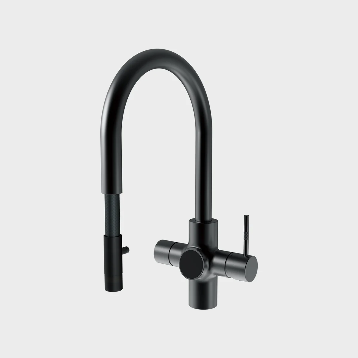 UNITO LAVA G2 8L kokendwaterkraan Orbit Pullout U Zwart 1 De UNITO LAVA G2 8L kokendwaterkraan Orbit Pullout U Zwart is een moderne zwarte kokendwaterkraan voor in de keuken, met een gebogen uitloop, een enkele hendel aan de rechterkant en twee bedieningsknoppen aan de voorkant, tegen een effen lichtgrijze achtergrond.