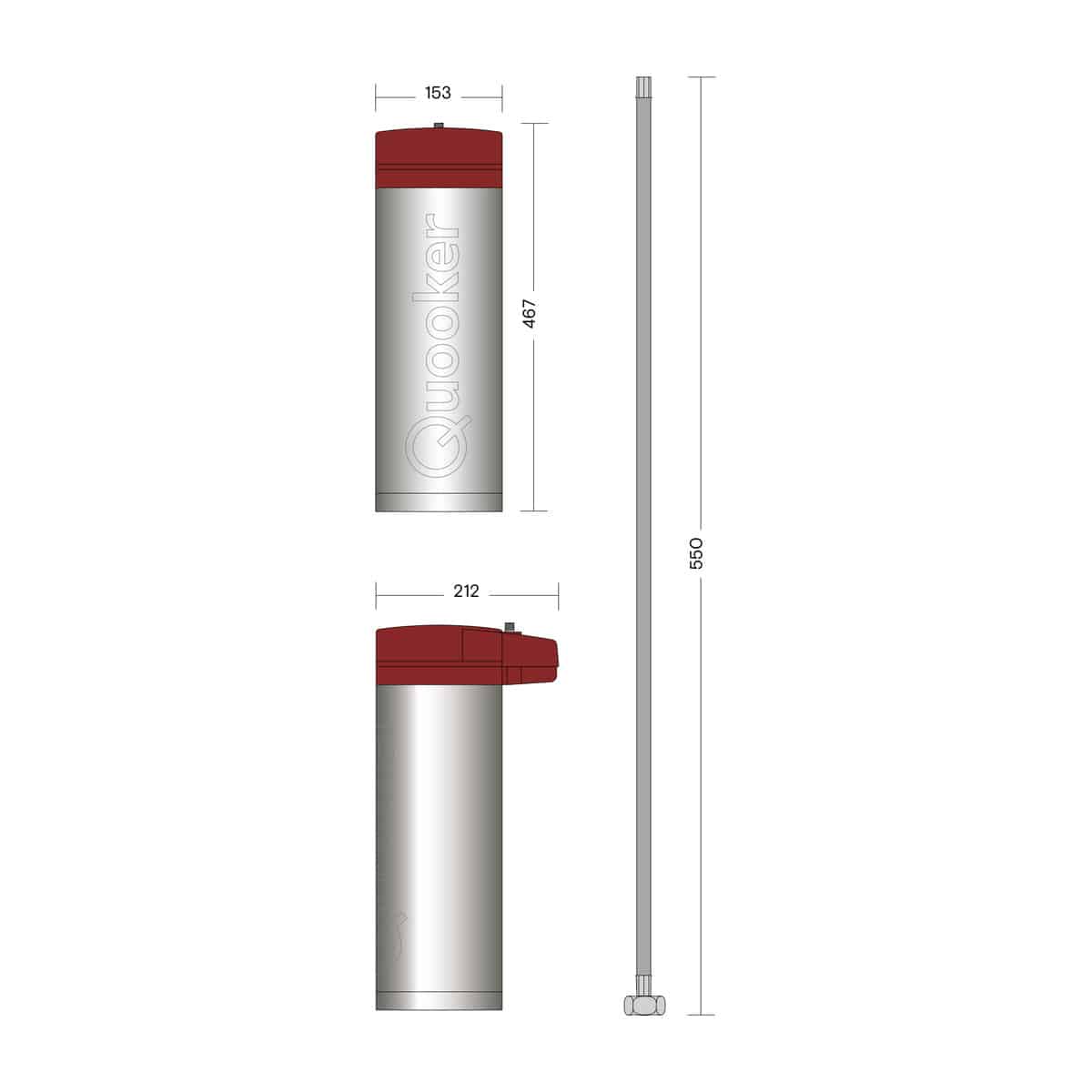 Quooker Flex Square Chroom met PRO3 en een CUBE 6 Quooker Flex Square Chroom met PRO3 en een CUBE, maattekening van het reservoir: hoogte 467 en doorsnee 153 millimeter