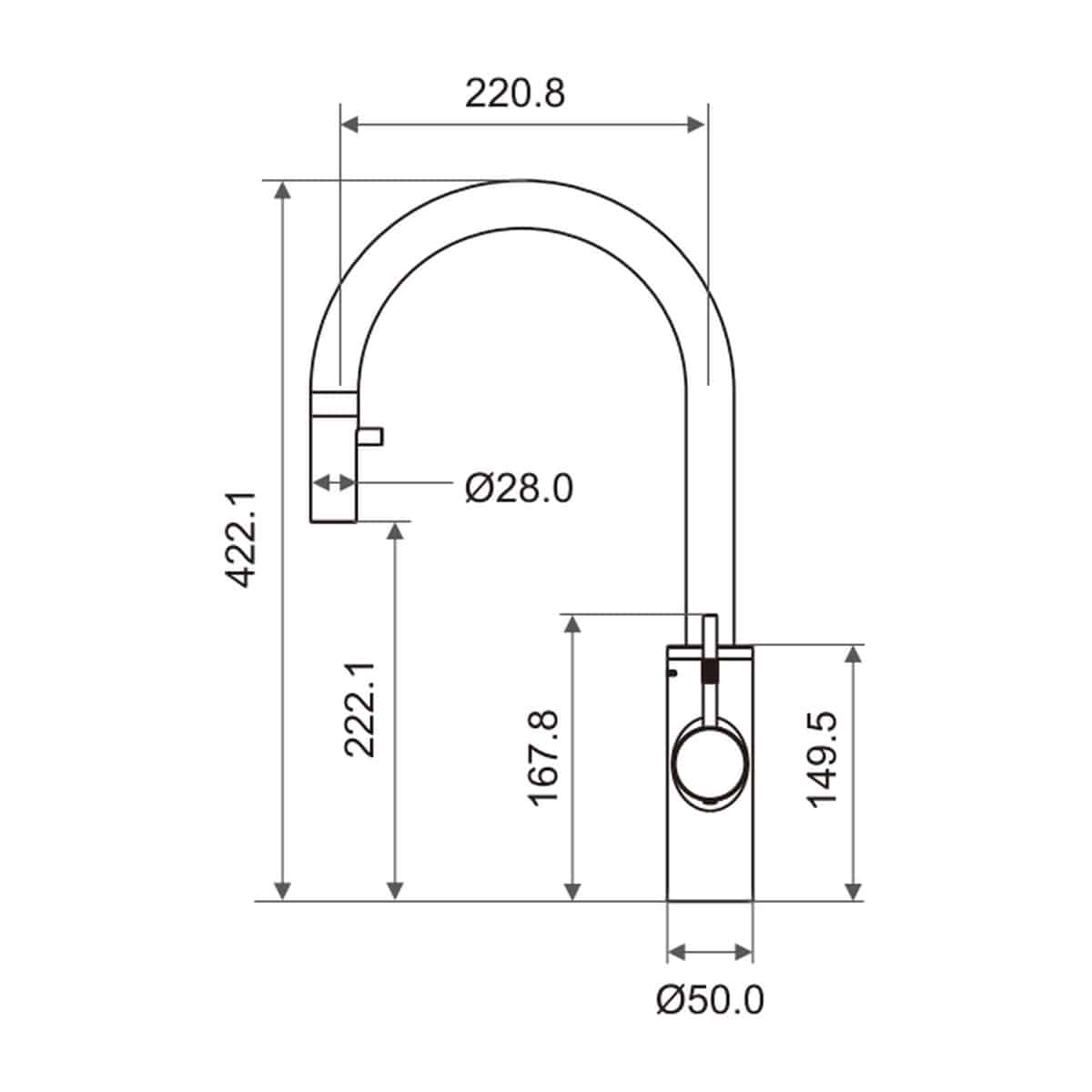 Unito Cosmos Pullout Rond Gunmetal met Infinity 4 Unito Cosmos Pullout Rond Gunmetal met Infinity, maattekening van de kraan: hoogte 422,1 millimeter