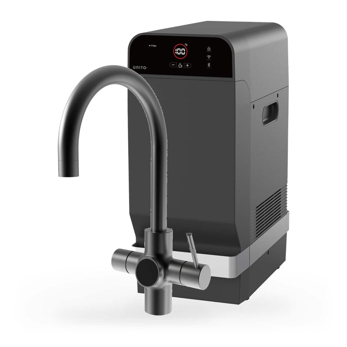 Unito Orbit Rond Gunmetal met LAVA 4.4 liter, kraan en reservoir samen op wit