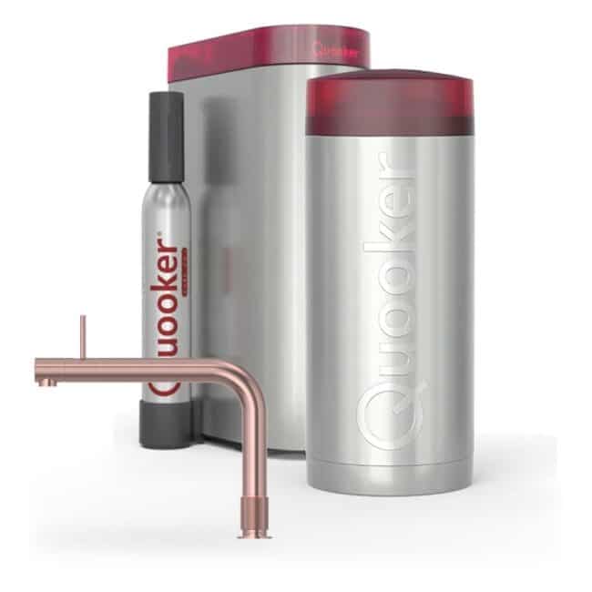 Quooker Front Rosé Koper met Combi en een CUBE, kraan, reservoir en CUBE samen op wit