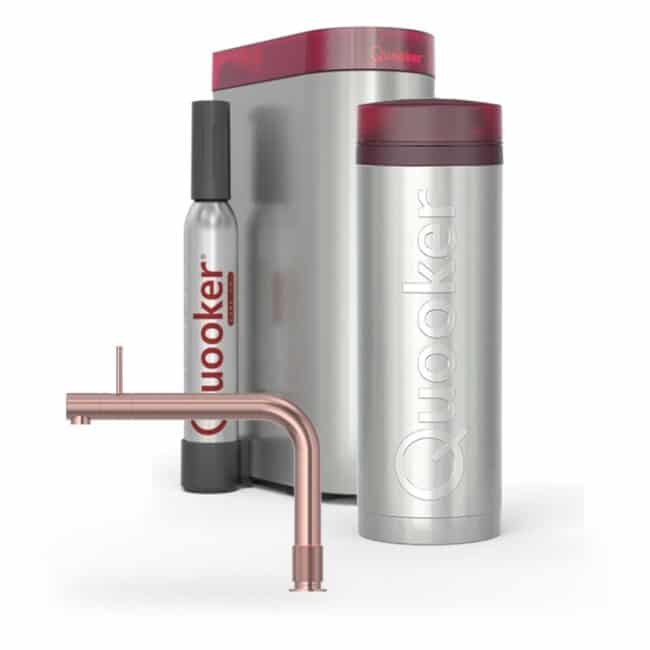Quooker Front Rosé Koper met PRO3 en een CUBE, kraan, reservoir en CUBE samen op wit